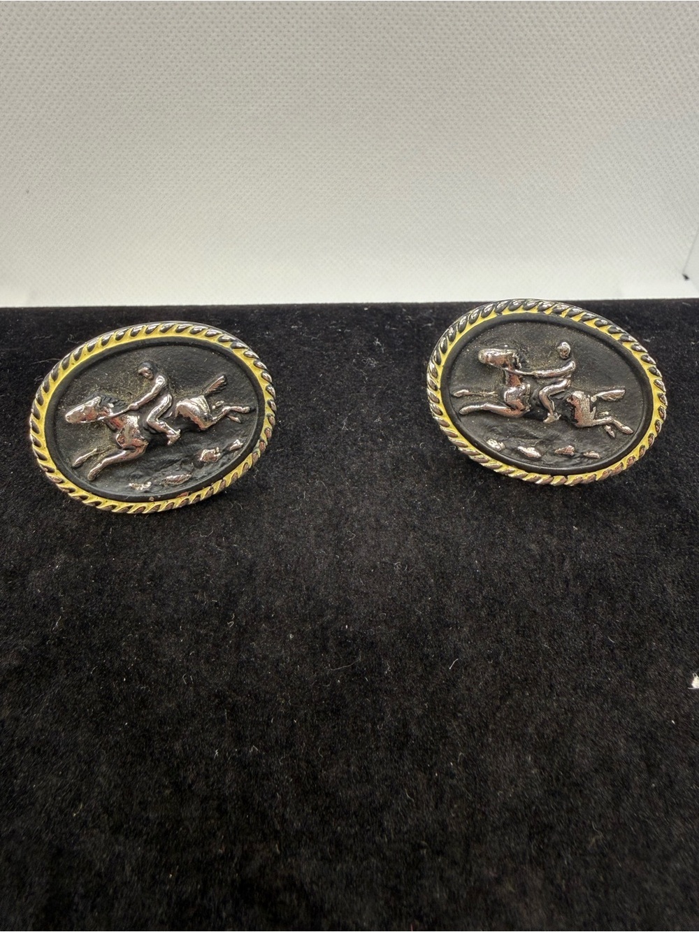 Vintage Hickok USA Rhodium Plated Horse & Rider Oval Cufflinks Equestrian